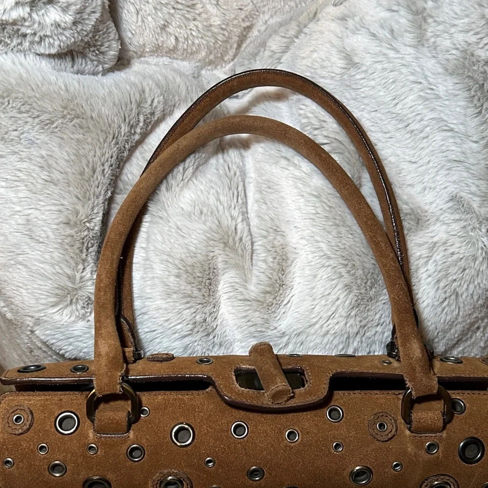 353. Prada Brown Suede Grommet Frame Shoulder Bag/coa
